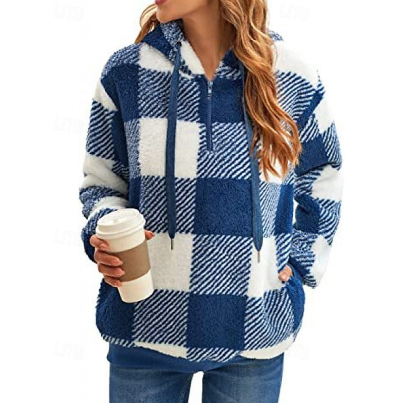 Colette Alddale | Cozy Quarter-Zip Checkered Hoodie For Women