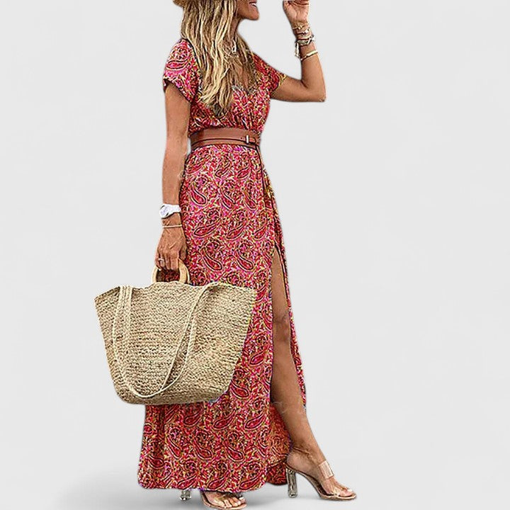 Isabelle Laurent | Navy Blue Boho Print Maxi Dress with Cap Sleeves