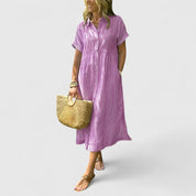 Marisol Cleverton | Blue Striped Linen Midi Shirt Dress