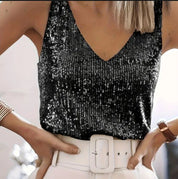 Elara Voss | Gold Sequin V-Neck Camisole Top For Women