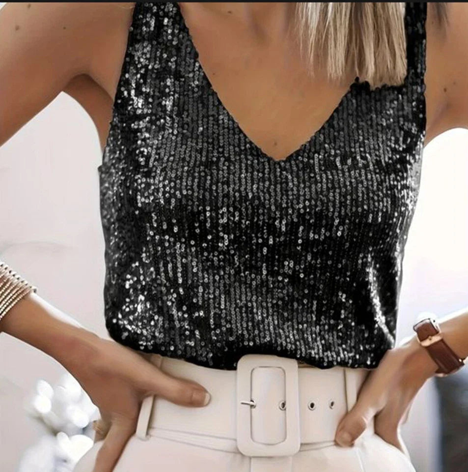 Elara Voss | Gold Sequin V-Neck Camisole Top For Women