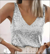 Elara Voss | Gold Sequin V-Neck Camisole Top For Women