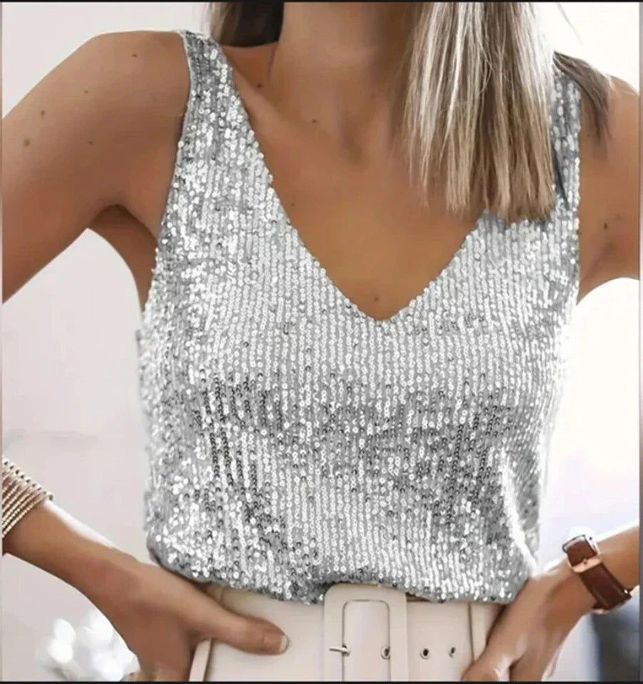Elara Voss | Gold Sequin V-Neck Camisole Top For Women