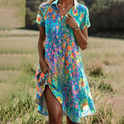 Roseline Montvert | Boho Floral Print Short Sleeve Midi Dress