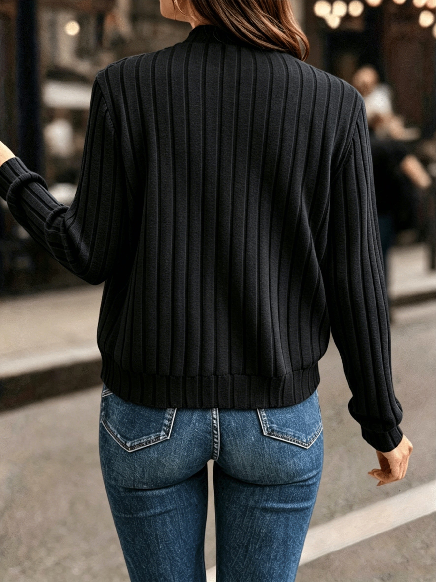 Sloane Ingersoll | Black Ribbed Zip-Up Knit Jacket For Women