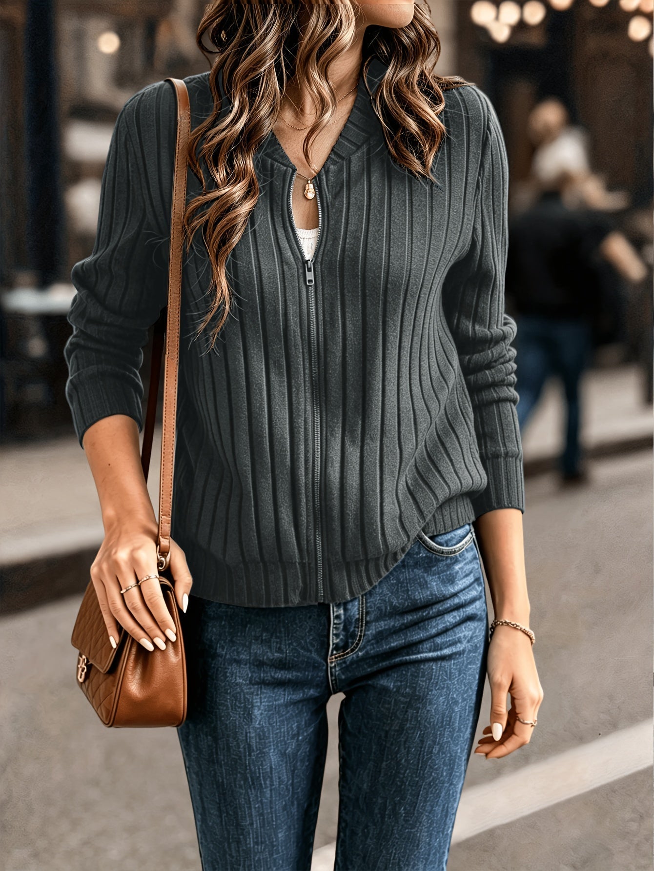 Sloane Ingersoll | Black Ribbed Zip-Up Knit Jacket For Women