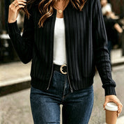 Sloane Ingersoll | Black Ribbed Zip-Up Knit Jacket For Women
