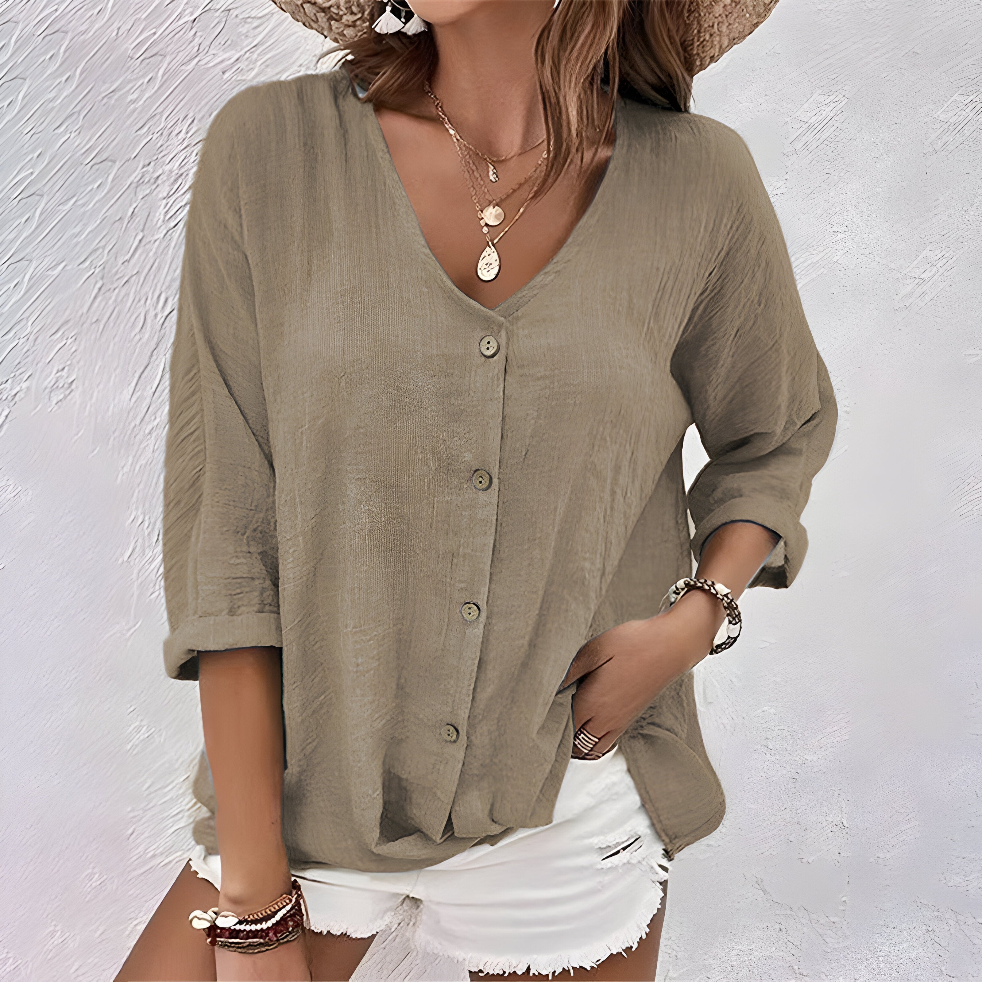 Estelle Wyndbourne | Sage Green V-Neck Button-Up Blouse