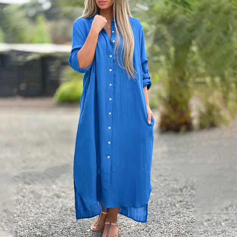 Séraphine Montvalois | White Linen Maxi Shirt Dress with Button-Down Front