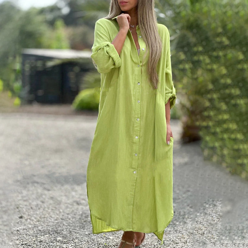 Séraphine Montvalois | White Linen Maxi Shirt Dress with Button-Down Front