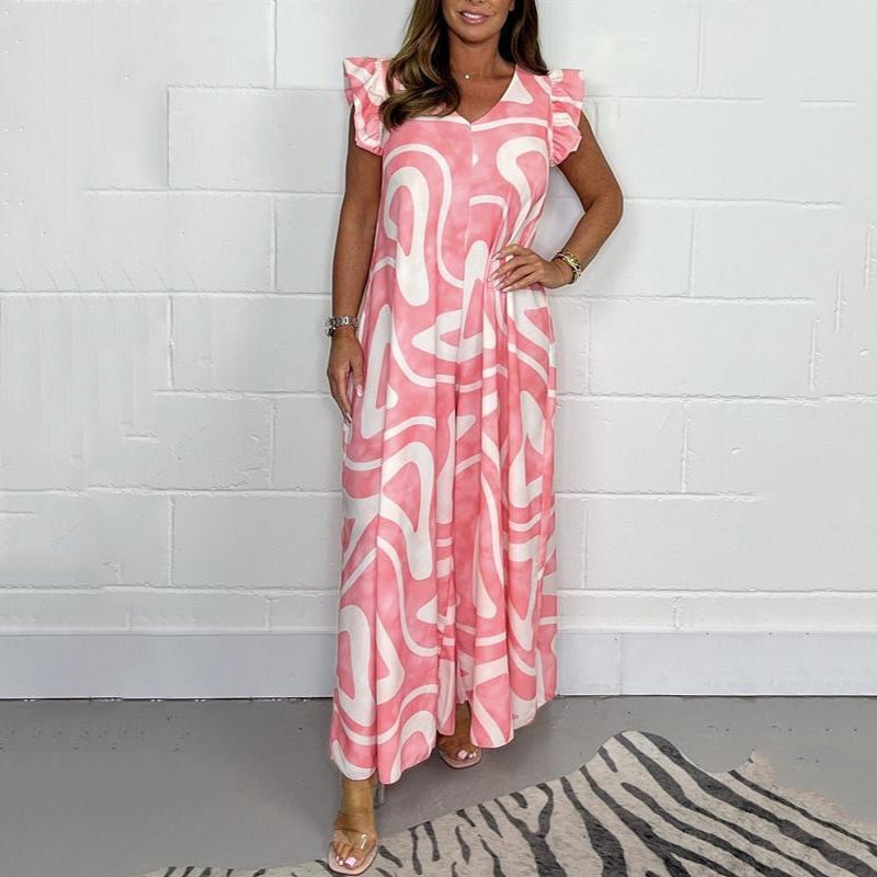 Theodine Valbright | Abstract Print Wide-Leg Jumpsuit with Ruffle Cap Sleeves