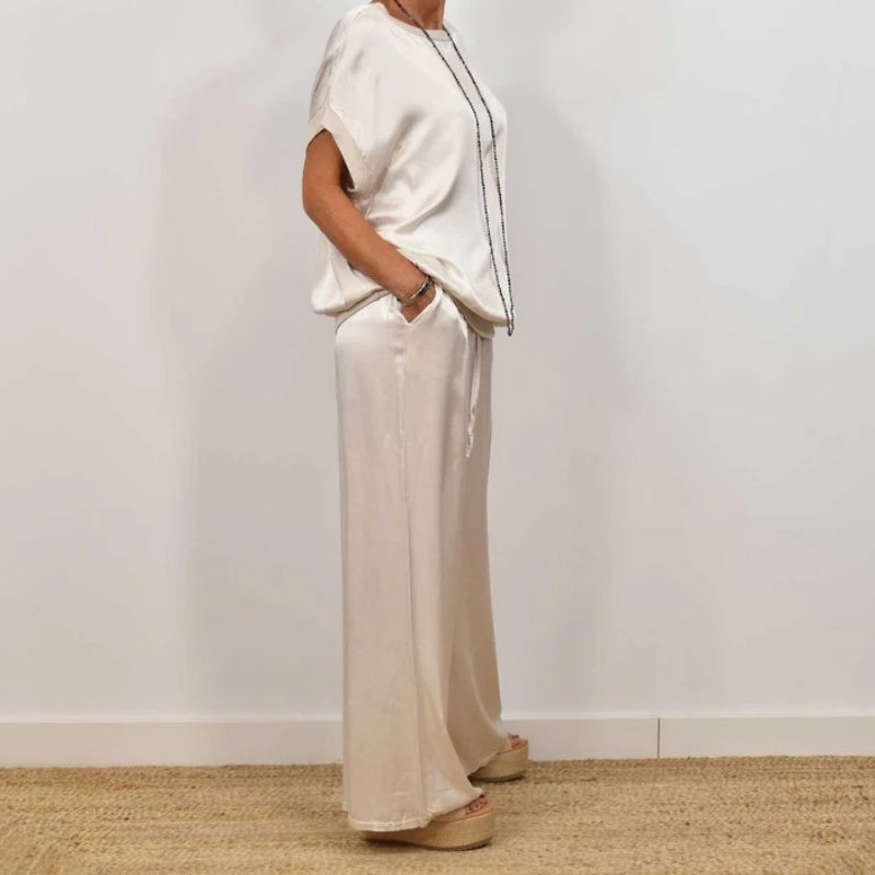 Elara Vossmont | Satin Wide-Leg Two-Piece Set in Cream