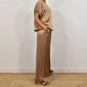 Elara Vossmont | Satin Wide-Leg Two-Piece Set in Cream