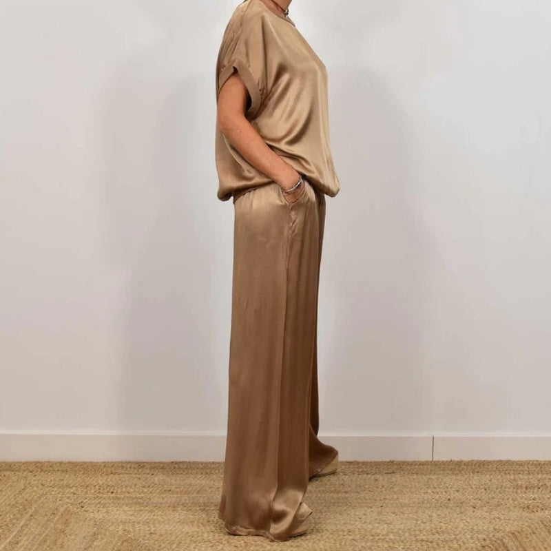 Elara Vossmont | Satin Wide-Leg Two-Piece Set in Cream