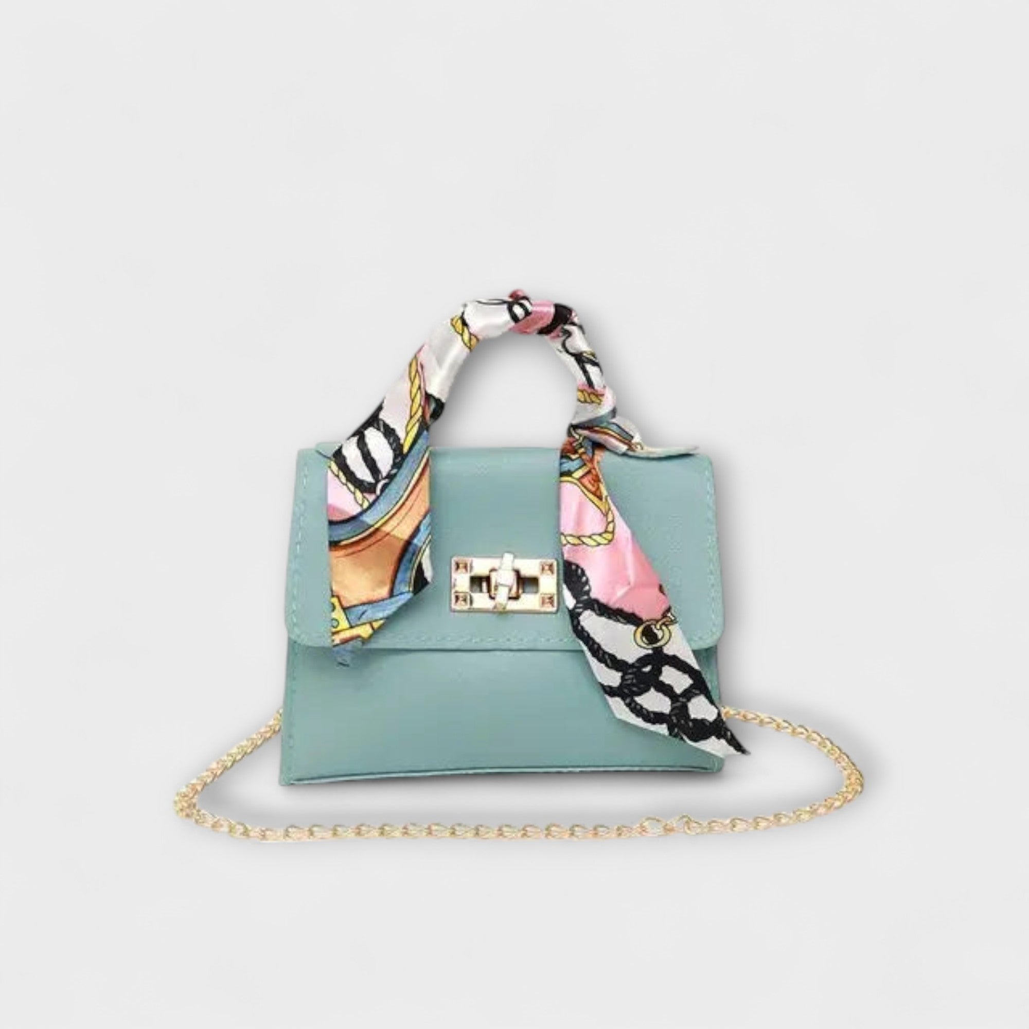 Juliette Moreau | Black Structured Handbag with Scarf Handle & Gold Chain