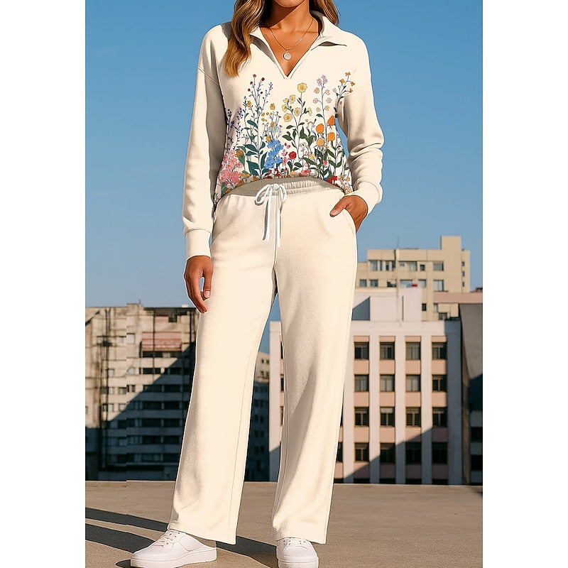 Camille Winters | Floral Collared Two-Piece Lounge Set For Women