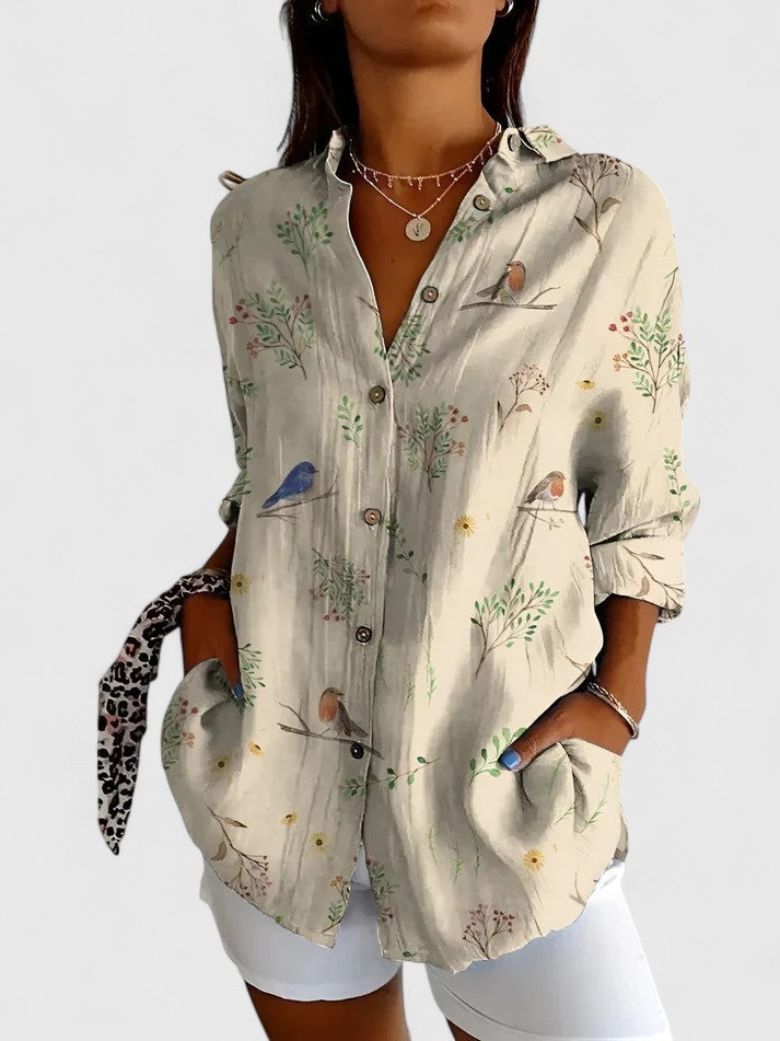 Rosalind Chevalier | Bird & Floral Print Long Sleeve Button-Up Shirt For Women