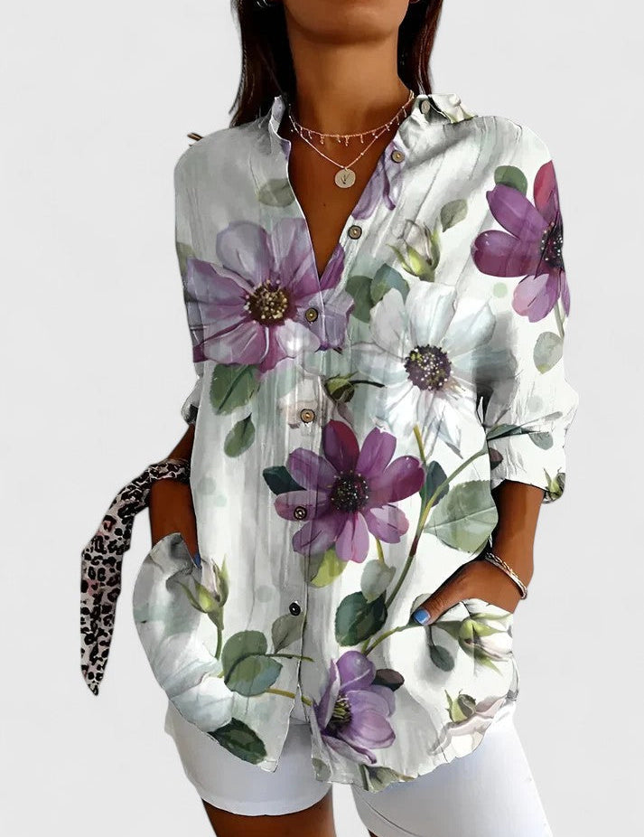 Rosalind Chevalier | Bird & Floral Print Long Sleeve Button-Up Shirt For Women