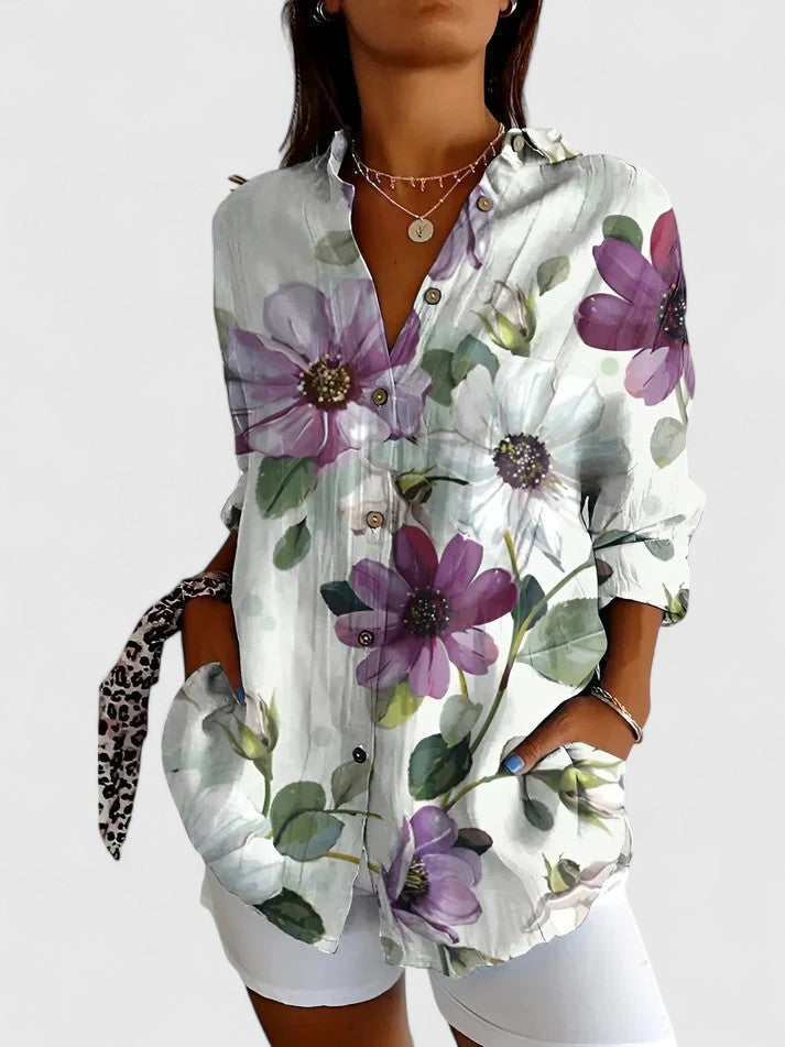 Rosalind Chevalier | Bird & Floral Print Long Sleeve Button-Up Shirt For Women