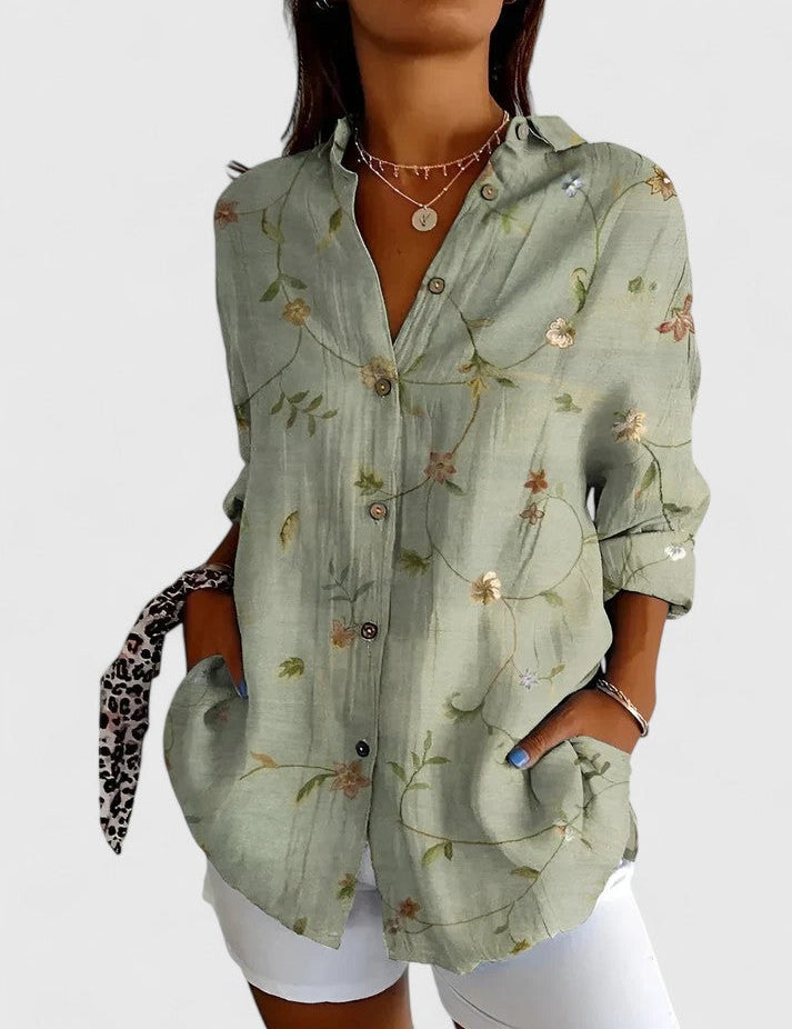 Rosalind Chevalier | Bird & Floral Print Long Sleeve Button-Up Shirt For Women
