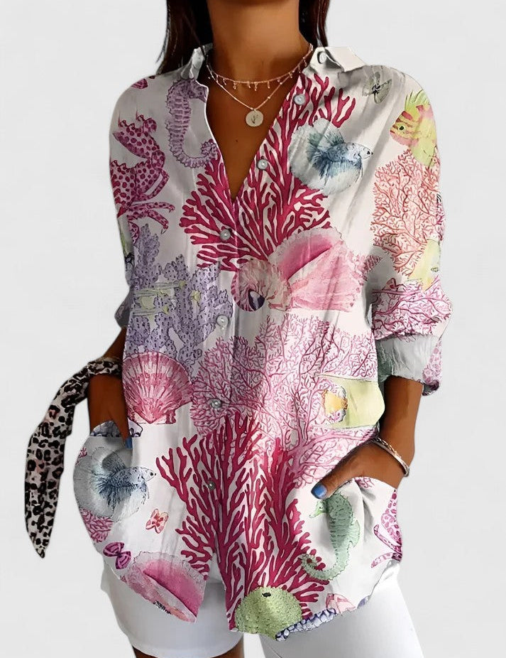 Rosalind Chevalier | Bird & Floral Print Long Sleeve Button-Up Shirt For Women