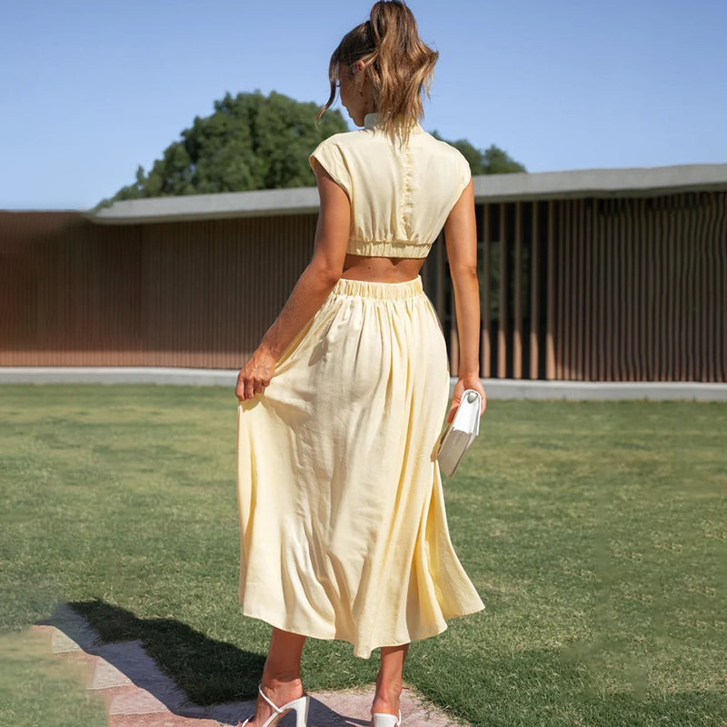 Coralie Whitmore | Green Cut-Out Midi Dress with Mock Neck