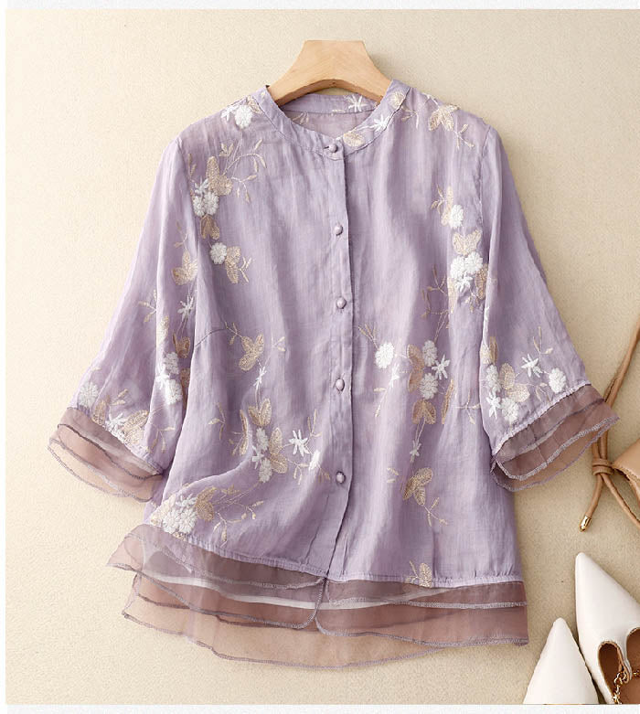 Florentine Wycliffe | Sage Green Floral Embroidered Blouse with 3/4 Sleeves