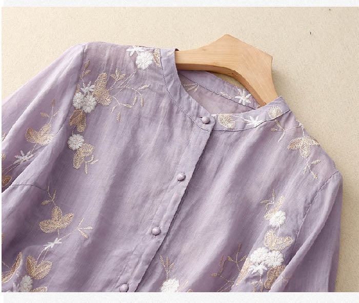 Florentine Wycliffe | Sage Green Floral Embroidered Blouse with 3/4 Sleeves