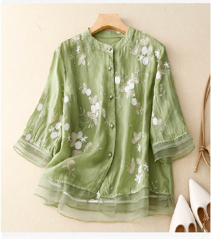 Florentine Wycliffe | Sage Green Floral Embroidered Blouse with 3/4 Sleeves