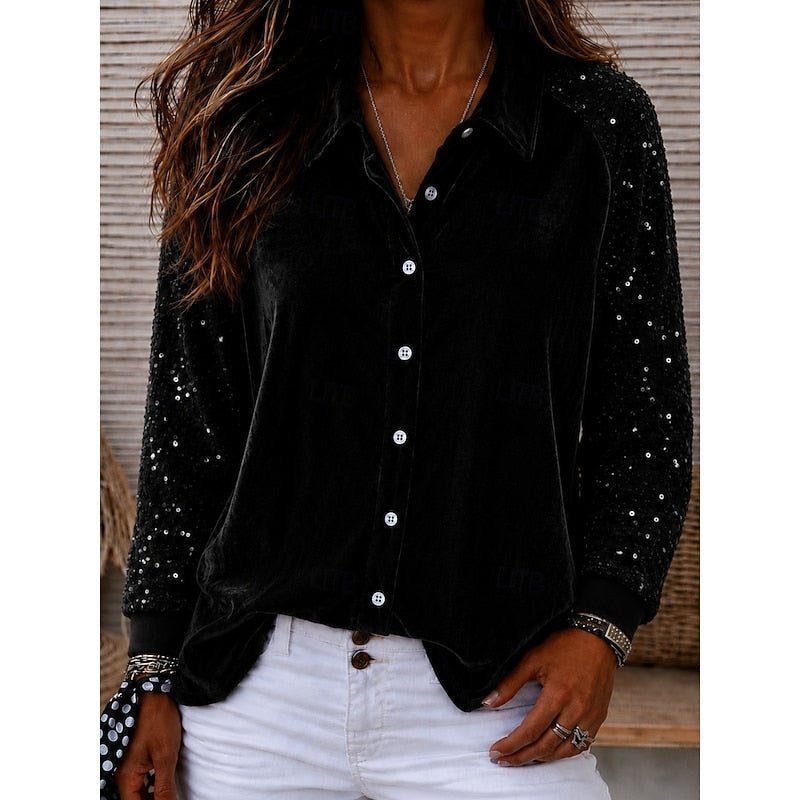 Ines Charton | Sequin Sleeve Velvet Shirt For Women