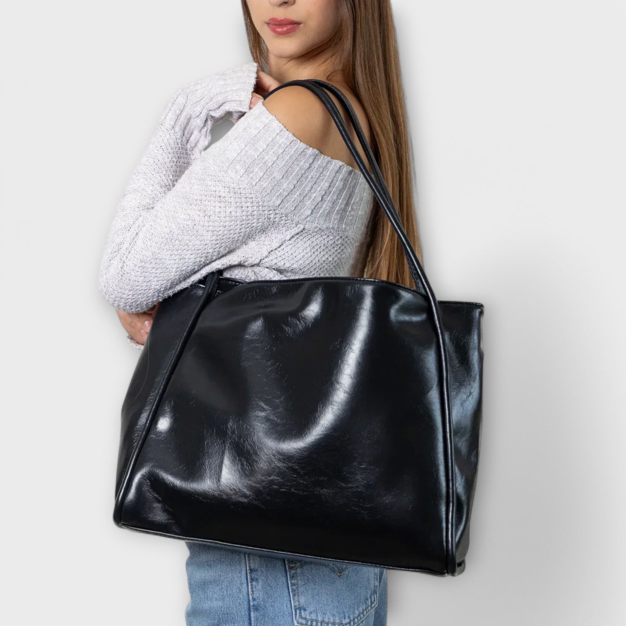 Celeste Vanthorpe | Black Faux Leather Oversized Tote Bag