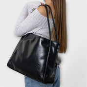 Celeste Vanthorpe | Black Faux Leather Oversized Tote Bag