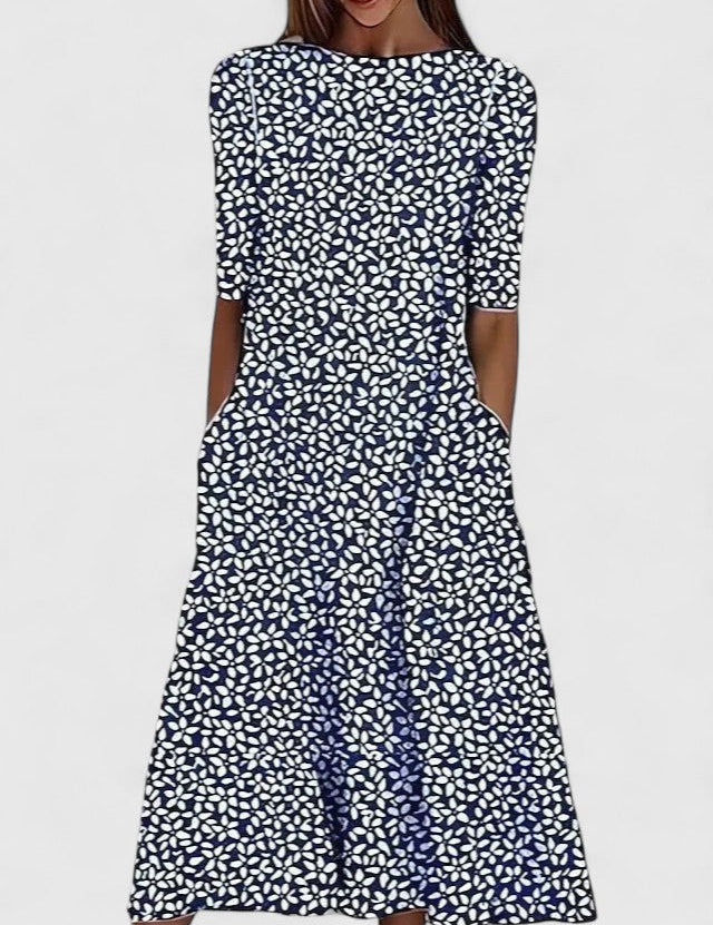 Celeste Wyndmore | Blue Floral Print Midi Dress with Short Sleeves