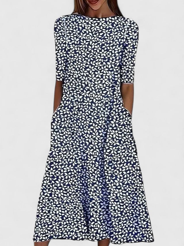 Celeste Wyndmore | Blue Floral Print Midi Dress with Short Sleeves