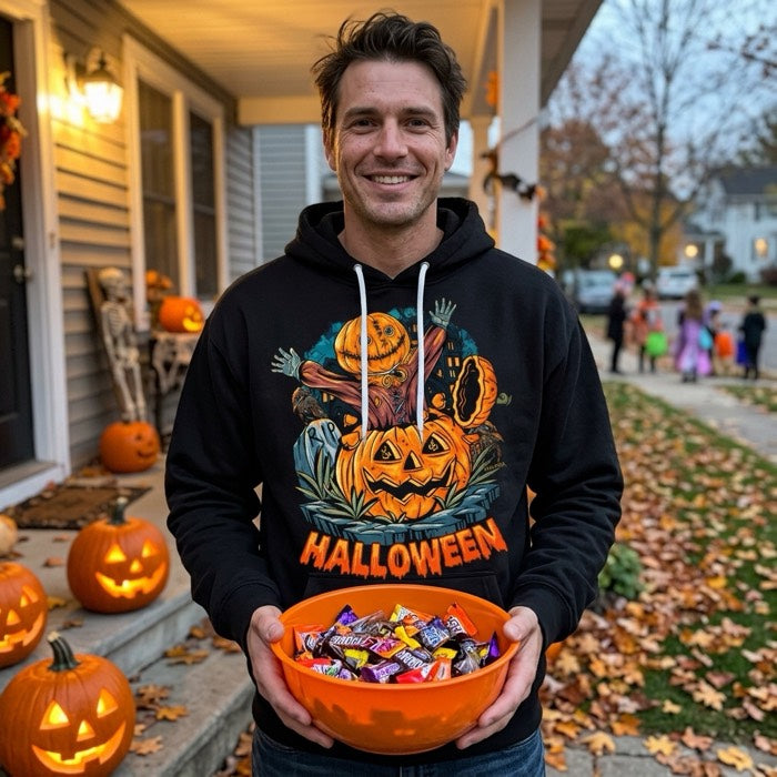 Man in a pumpkin Halloween hoodie handing out candy on a porch