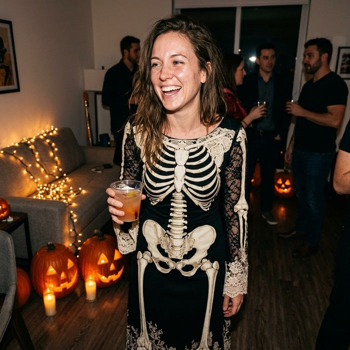 Woman in a black skeleton print dress at a Halloween party