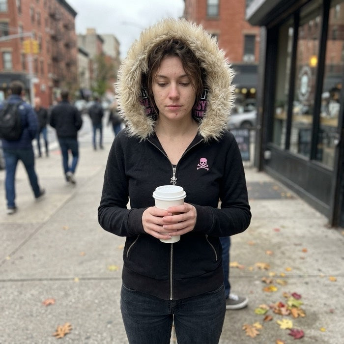 Woman in a black gothic skull hoodie with faux fur trim outside a coffee shop