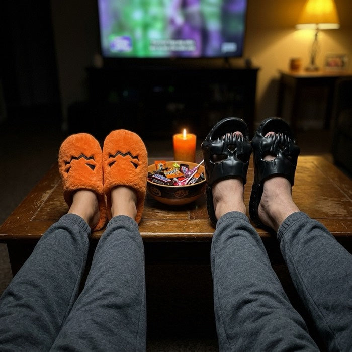 Two pairs of Halloween slippers resting on a coffee table