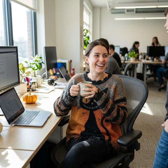 Woman in a cat print chunky knit sweater at her desk