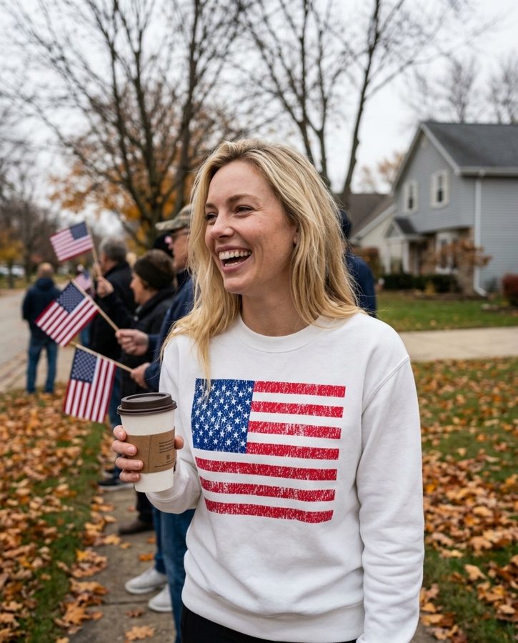 Woman in a white American flag sweatshirt at a Veterans Day parade