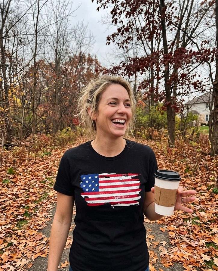Man in a black American flag graphic t-shirt outside a Chicago bar