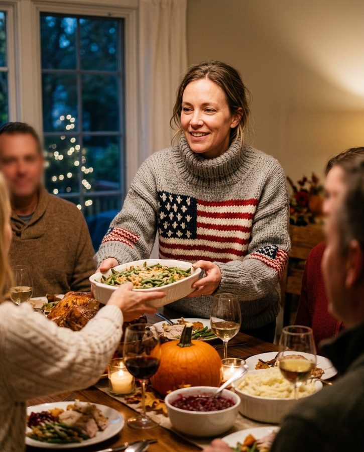 Woman in a grey chunky knit flag sweater on the sofa on Veterans Day