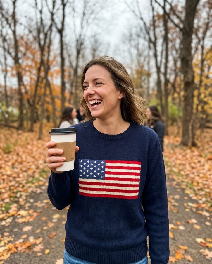 Woman in a navy crew neck flag sweater on a Chicago street in November