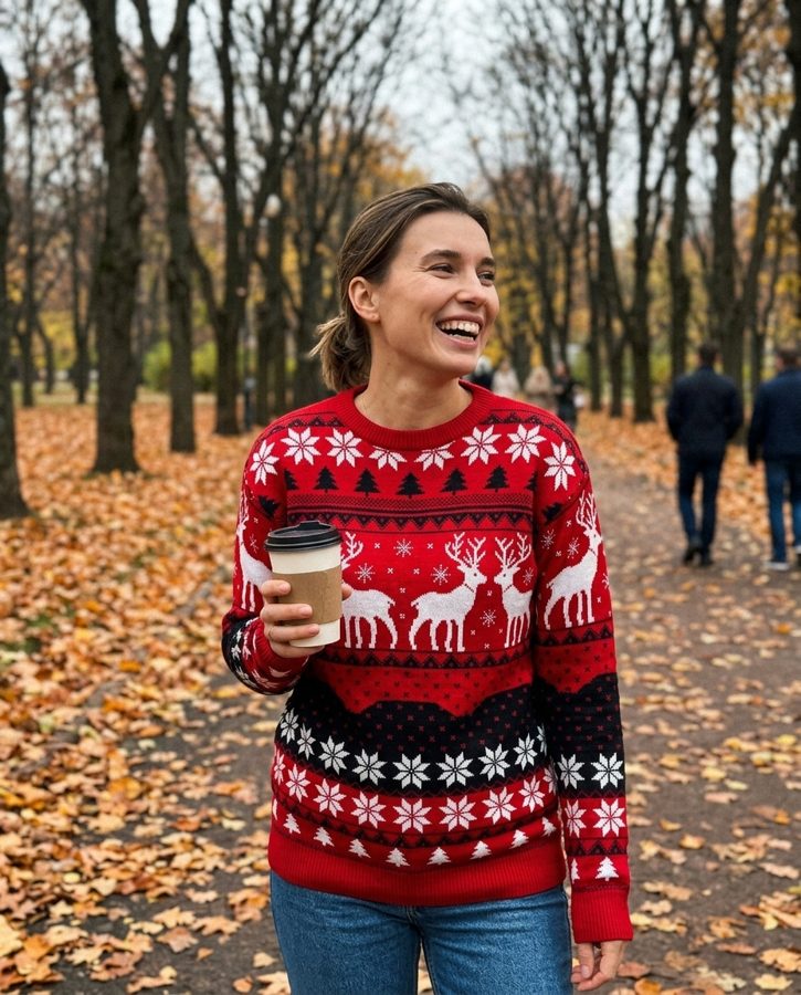 Man in a red elk jacquard Christmas sweater outside a Chicago bar in the snow