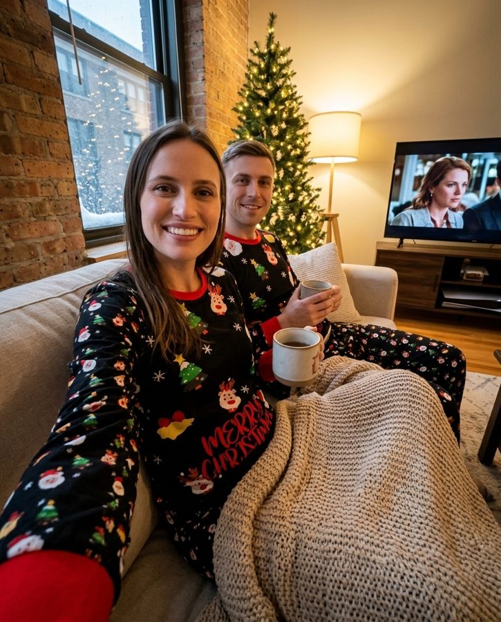 Couple in matching black Santa print family pajamas on the sofa on Christmas Eve