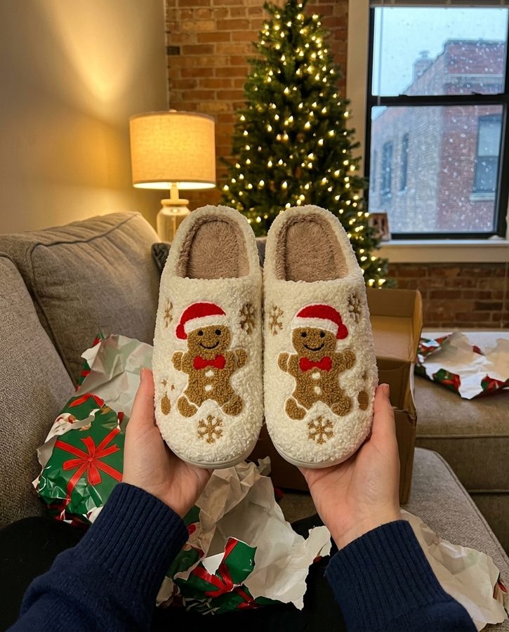 Woman holding a pair of beige gingerbread fuzzy slippers by the Christmas tree